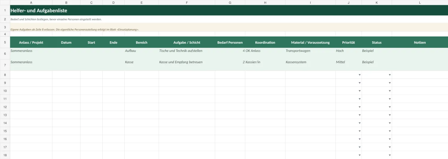 Vorschau der Excel-Vorlage Helfer- und Aufgabenliste
