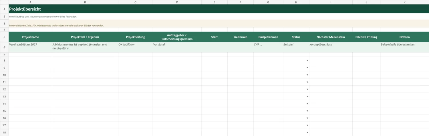 Vorschau der Excel-Vorlage Projektplan Verein